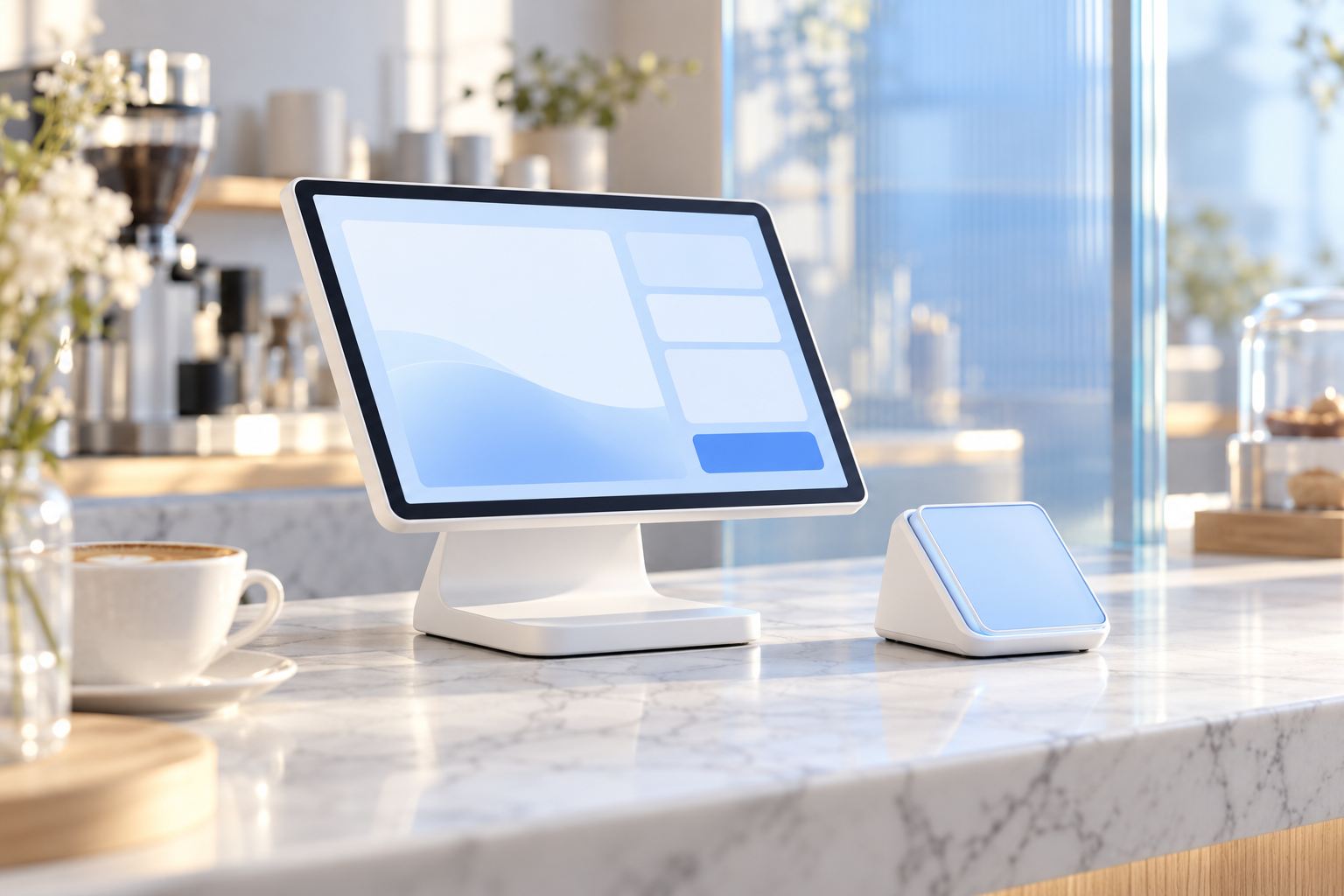 A white point-of-sale screen and card reader concept on a marble café counter