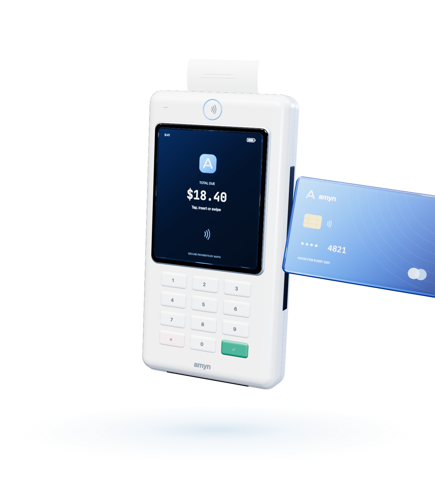 Pearl white Amyn payment terminal ready for your first sale
